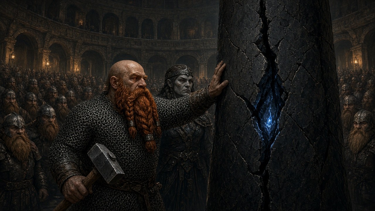 Illustration: Chapter One — Theniv lays his palm on the cracked oath-stone as the clan watches
